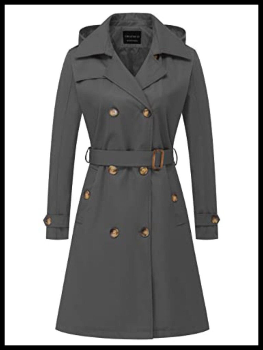 Women's Long Trench Coat Double-Breasted Belted Overcoat with Detachable Hood
